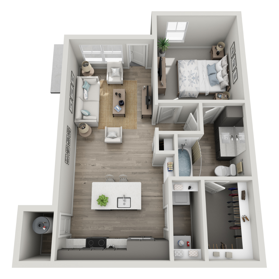 Rendering of the A3-L floor plan with 1 bedroom[s] and 1 bathroom[s] at Milo (Garden)
